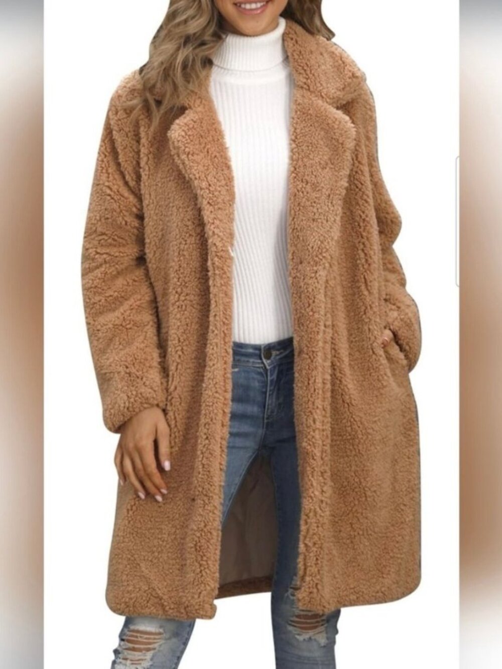 Teddy Bear Faux Sherpa Coat Women XL Camel Fleece Open Front Long